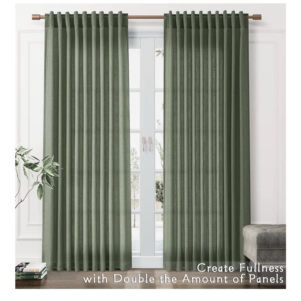 Linen Olive Green Curtains. Set of 2.